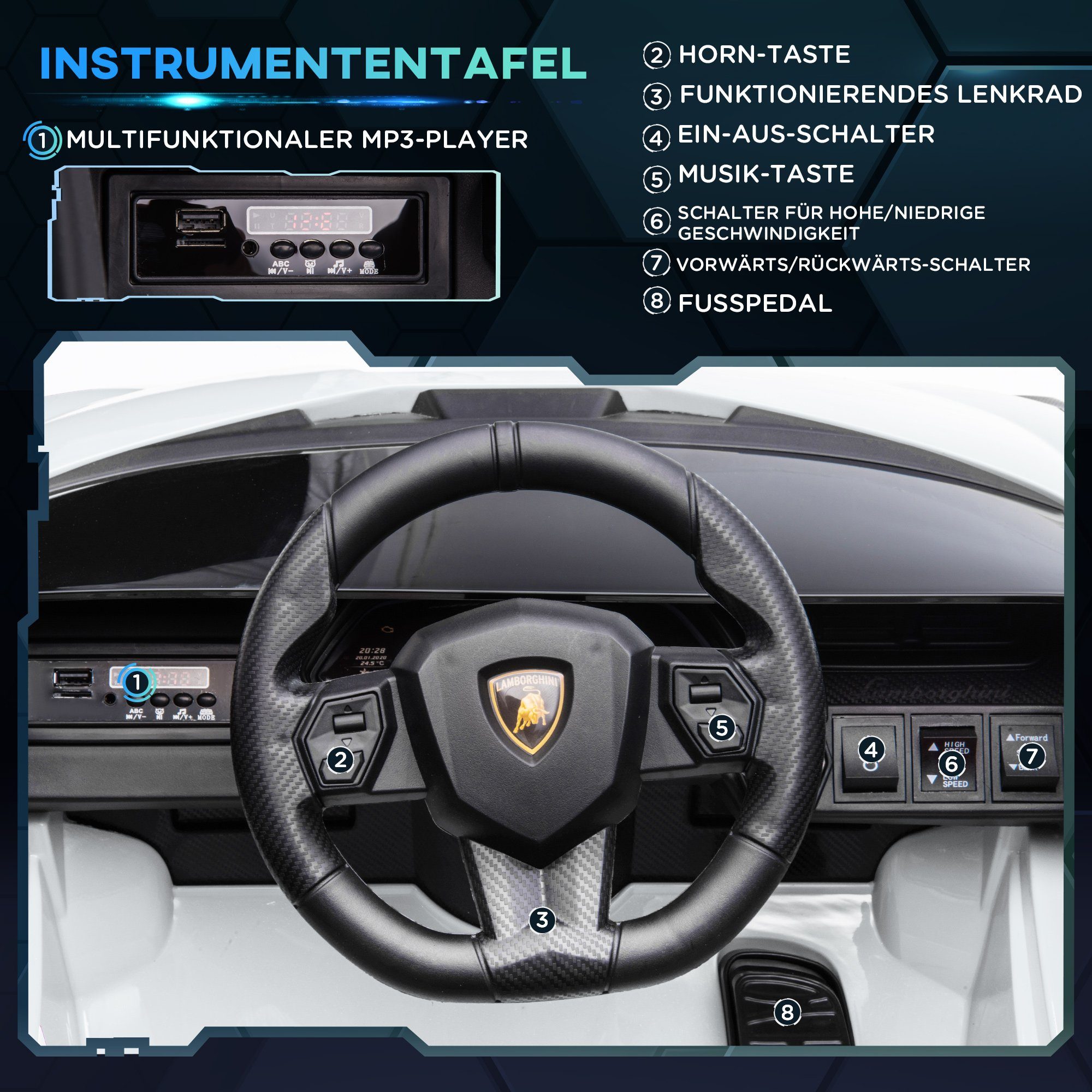 HOMCOM sähköinen lastenauto, lasten ajoneuvo, leveät renkaat, musiikki (MP3/USB), kevyt PP-metalli, kantavuus 25 kg, (1 kpl), 108P x 62L x 40K cm