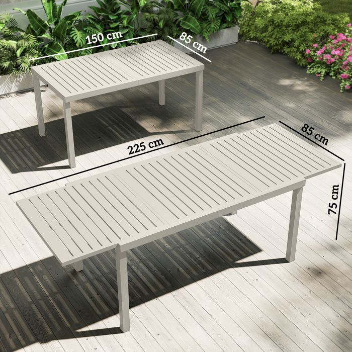 Tavolo da giardino allungabile - Outsunny - da 6 a 8 persone - piano a doghe - alluminio - 150/225x85x75cm - bianco
