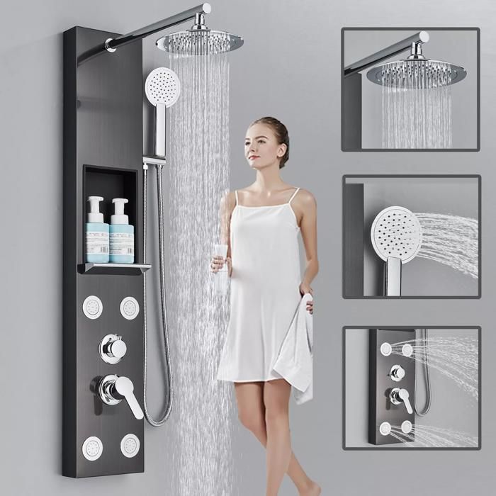 Columna de ducha de hidromasaje en acero inoxidable, panel de ducha multifuncional con grifo mezclador para baño.
