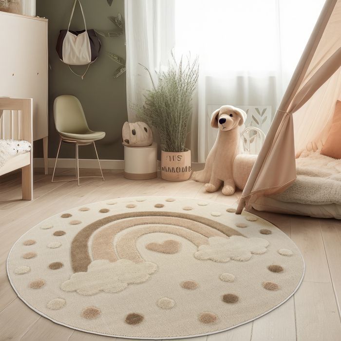 Alfombra redonda de felpa moderna 3D suave de Paco Home para dormitorio infantil, niña o niño, color crema beige, 120 cm de diámetro.