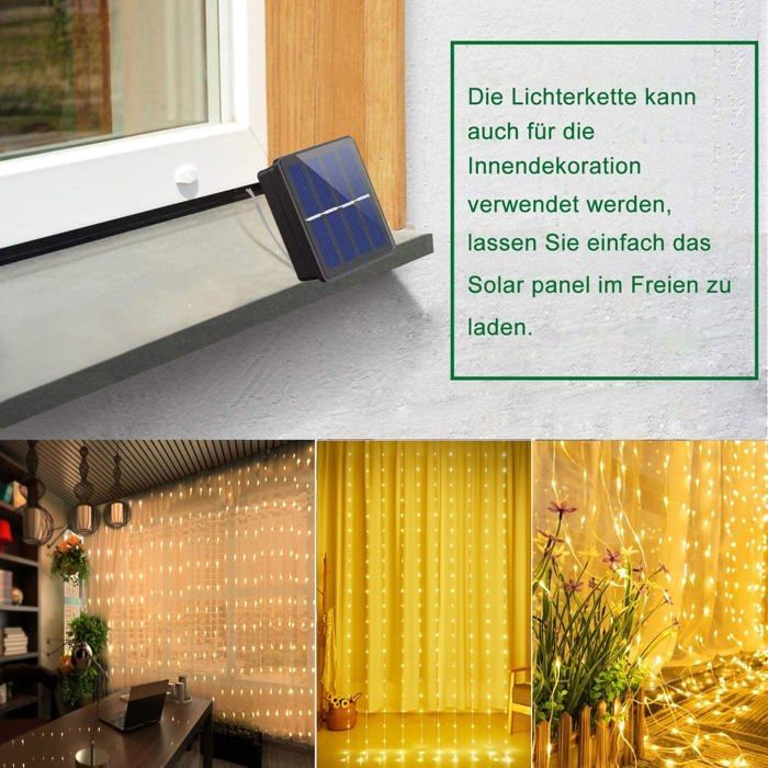 Tenda luminosa solare da esterno, 3 m x 3 m, 300 LED con telecomando, 8 modalità, cascata solare (bianco caldo)