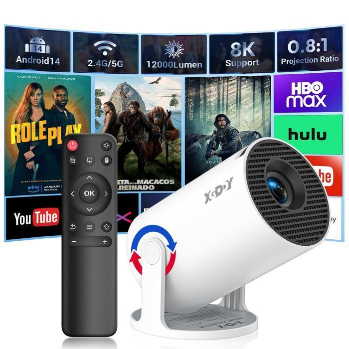 Mini Projetor de Vídeo, Compatível com 4K e 1080P, Android 14, Wi-Fi, Bluetooth 5, 12000 Lumens, Correção Automática de Keystone