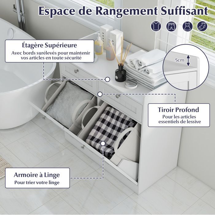 Armario de baño COSTWAY con cesta plegable, 2 cajones y 2 cestas de ropa extraíbles para baño o lavadero, color blanco.