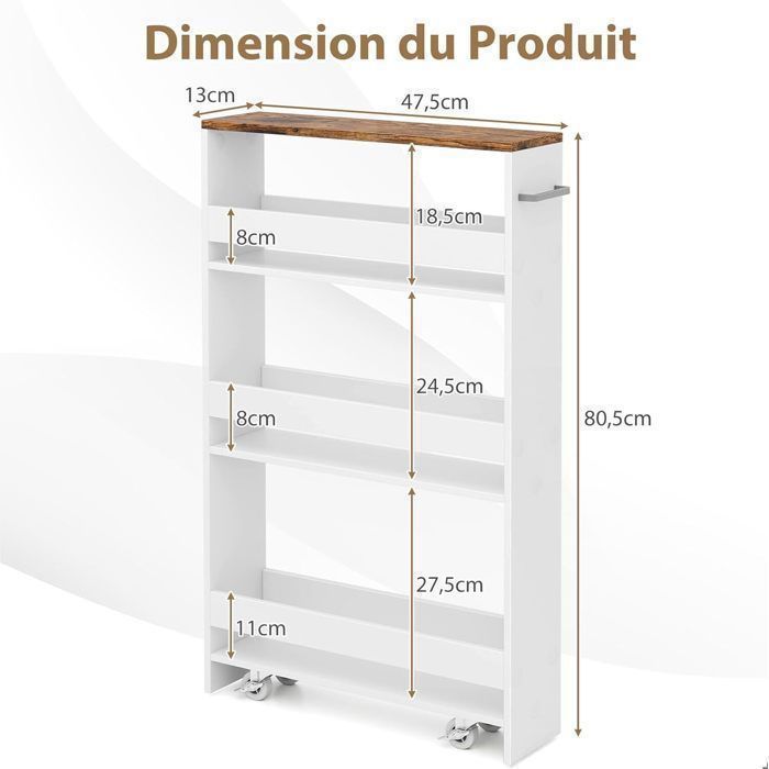 Carrito de cocina estrecho GIANTEX con ruedas y frenos - 47,5 x 13 x 80,5 cm - Carrito de servicio de 4 niveles con asa - Blanco