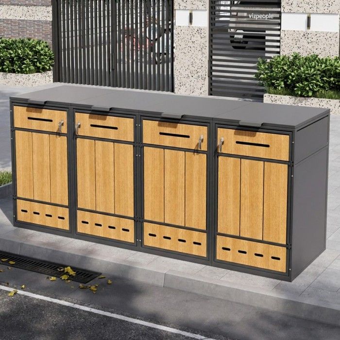 Cache-poubelle extérieur - LANGTU - 4x120–240L - Acier aspect bois - Verrouillable - Aération intégrée