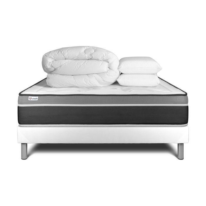 Pack lit complet - Matelas 180x200 cm + Sommier tapissier à lattes (en kit) + 2 oreillers + Couette - Vital Care Blanc