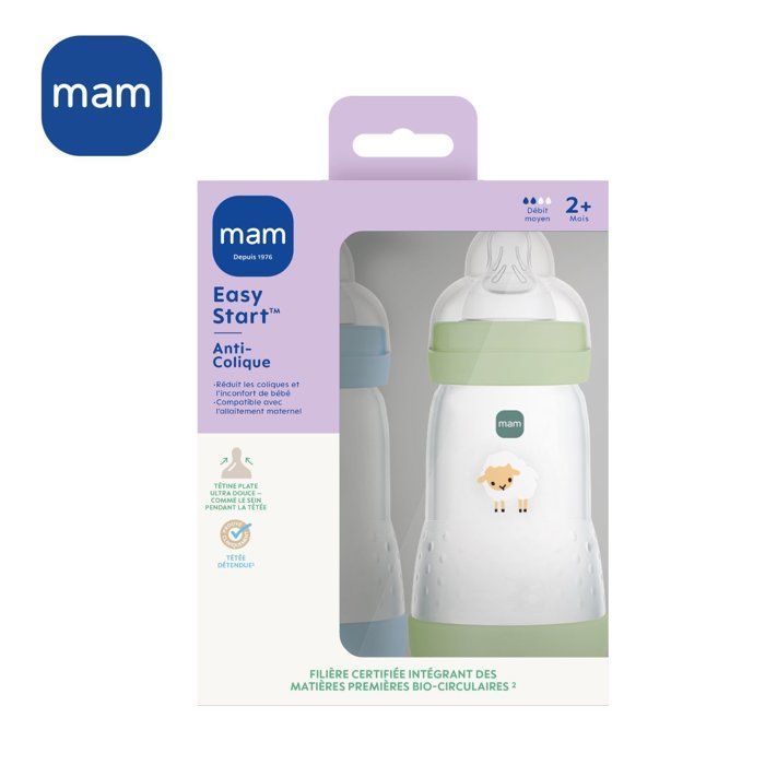 Lot de 2 Biberons - MAM - Easy Start / Anti-Colique - 260 ml - Tétine Débit 2 - Océan + Sable