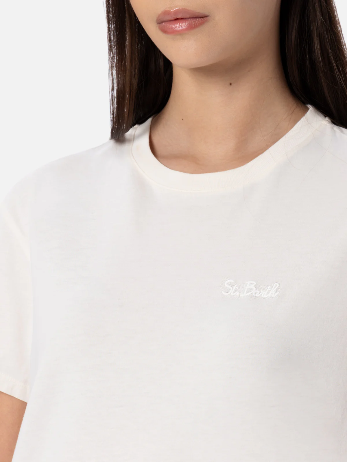 Emilie dames T-shirt met ronde hals van off-white katoenen jersey