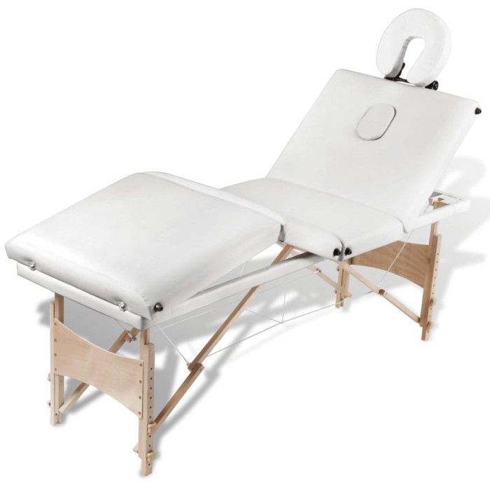Camilla de masaje plegable vidaXL, color blanco crema, 4 secciones con estructura de madera.