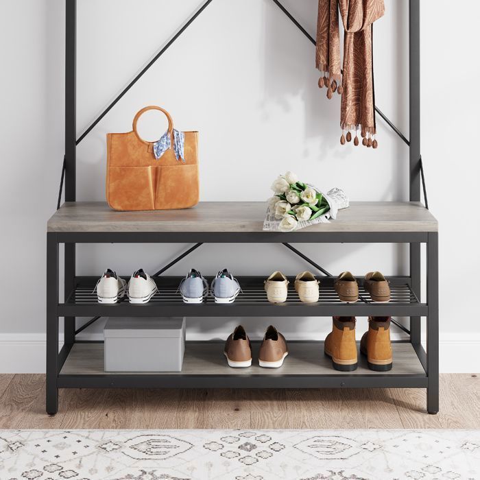 Portemanteau, Meuble d’entrée, Vestiaire avec 8 Crochet, 4 niveaux de Rangement,Banc à Chaussures 105x38x183cm