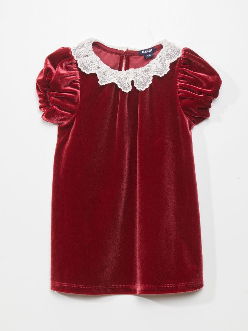 Fluwelen jurk met geborduurde tule kraag - ROOD