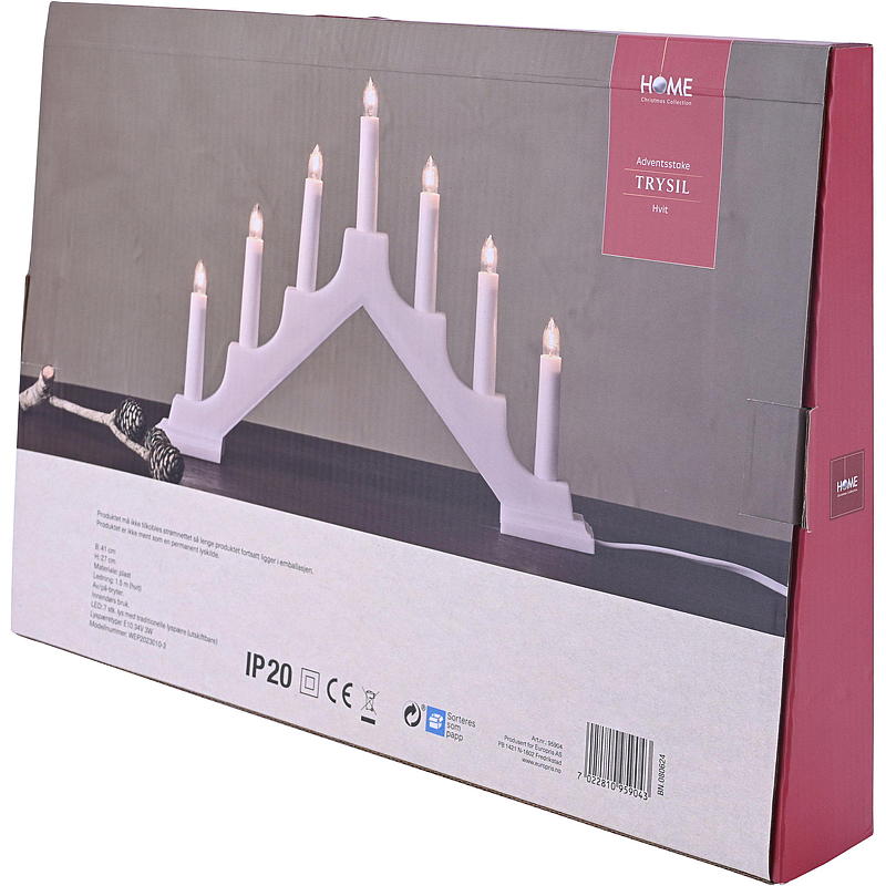 Adventkaars voor thuis, 7-armig, wit plastic, Trysil