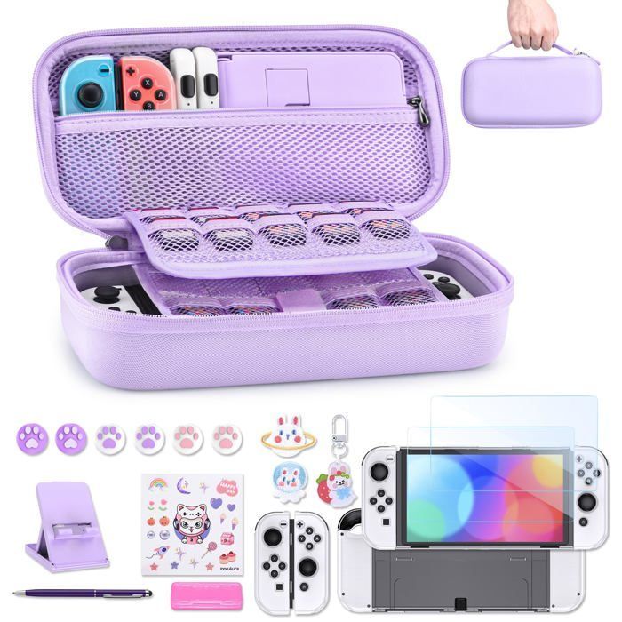 Kit di accessori OLED 19 in 1 per Nintendo Switch: custodia viola chiaro con tasca per giochi e pellicola protettiva per lo schermo.