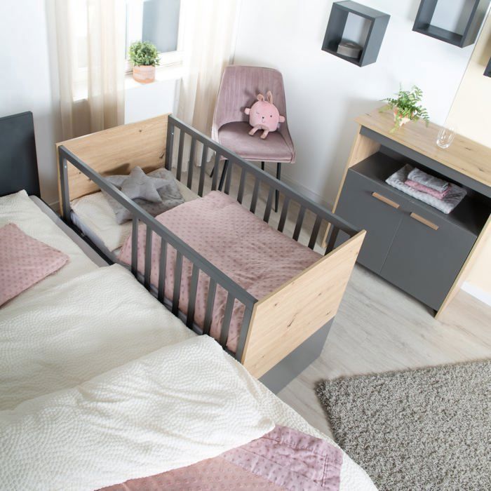 Chambre bébé duo : Lit 60 x 120 cm + commode à langer évolutive - ANNA - ROBA - Chêne Kent / Anthracite