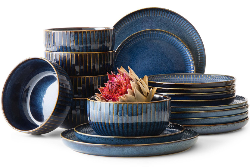KONSIMO AD STRIPES zestaw obiadowy 6 os. (18 el.) porcelana, granatowy