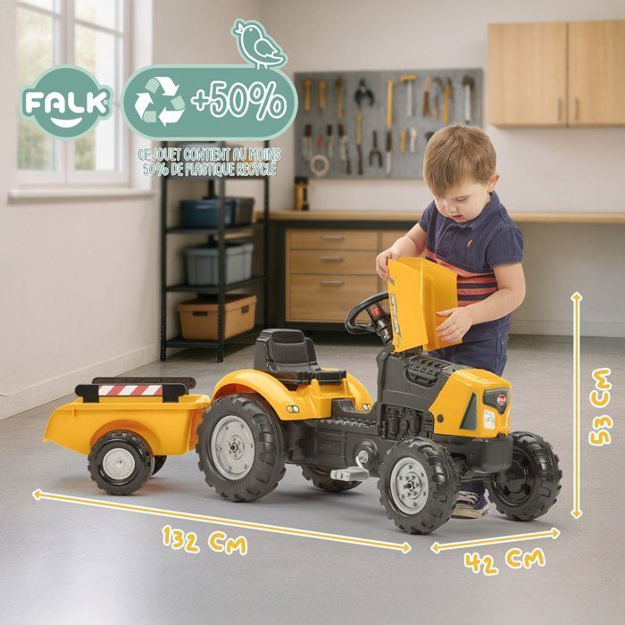 Trattore a pedali FALK SuperBuilder - con cofano apribile e rimorchio - per bambini dai 2 ai 5 anni