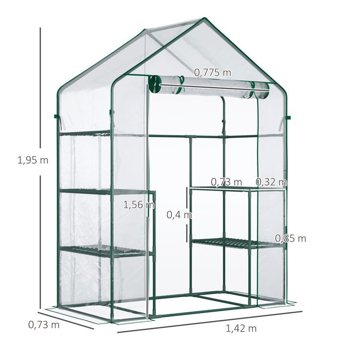 Invernadero de jardín Outsunny - Estantes de 3 niveles, balcón, cubierta reforzada, puerta enrollable con cremallera - Acero - 142x73x195cm - Verde