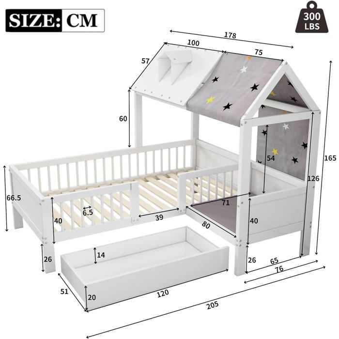 Letto per bambini 90x200cm - letto singolo in legno - multifunzionale - con tessuto a tenda - per cameretta - bianco (materasso non incluso)