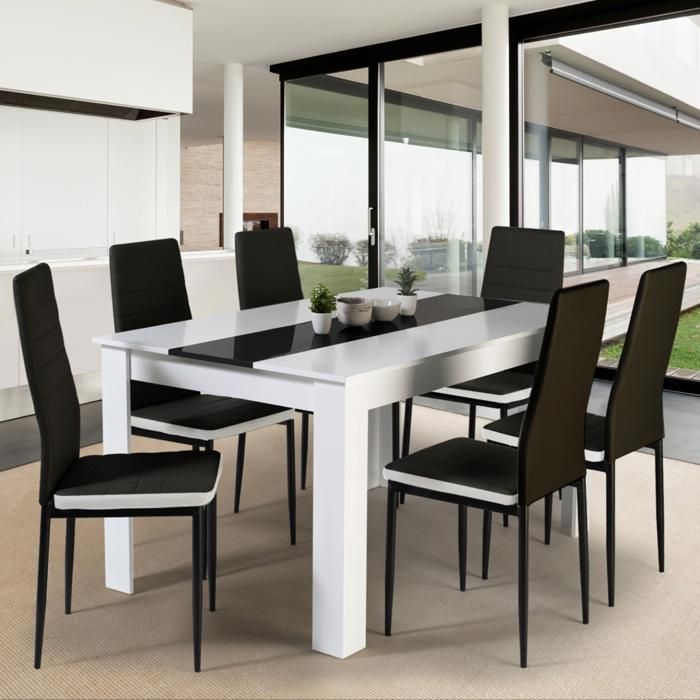 Conjunto de mesa de comedor IDMARKET GEORGIA, 140 cm, blanco y negro, y 6 sillas ROMAE, negras con ribete blanco.