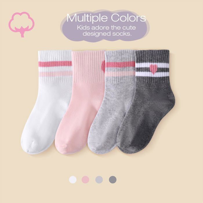 Calcetines infantiles - 4 pares, deportivos, con corazones a rayas, de algodón - 6-9 años - Adecuados para niñas