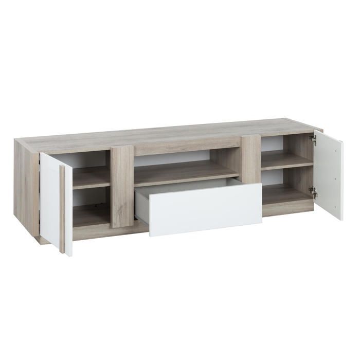Mobile porta TV con finitura effetto legno rovere chiaro, 2 ante, 1 cassetto, bianco lucido.