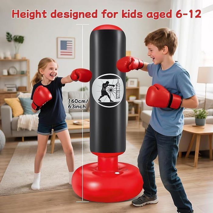 Aufblasbarer, freistehender Boxsack für Kinder (160 cm) mit Luftpumpe und Boxhandschuhen, schwarzes Geschenkset