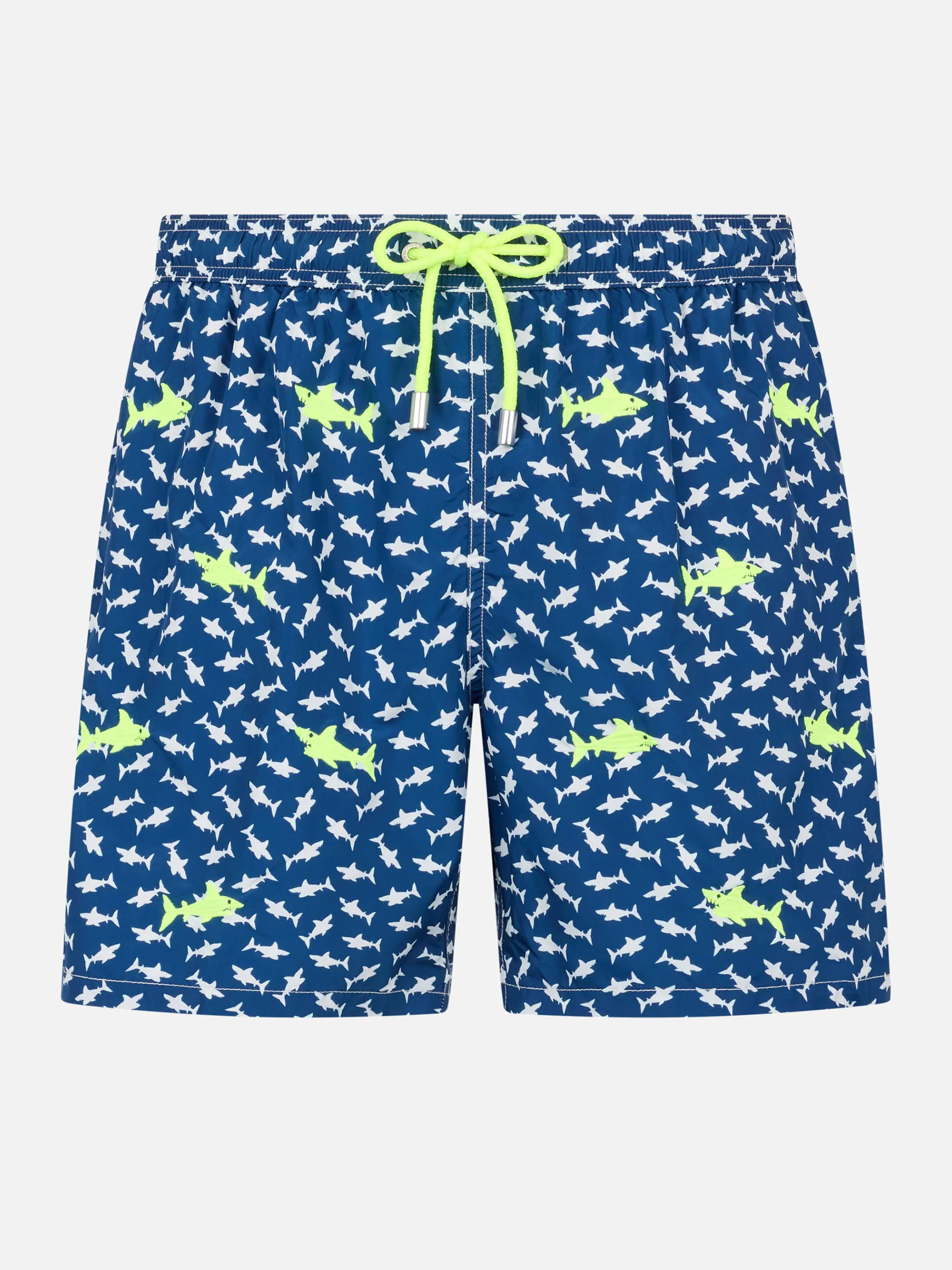 Men's Lighting Embroidery Swim Shorts | Fluo Yellow Sharks on Navy | Quick-Drying & Sustainable | Saint Barth