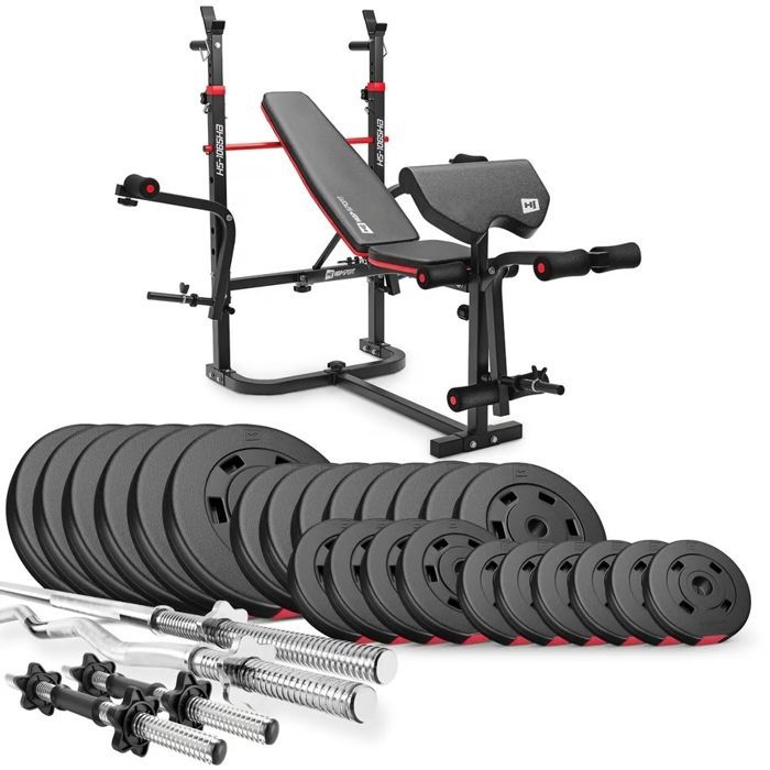 Hop-Sport HS-1065 opklapbare halterbank met halterset van 135 kg, curlpad, butterfly-apparaat en leg press.