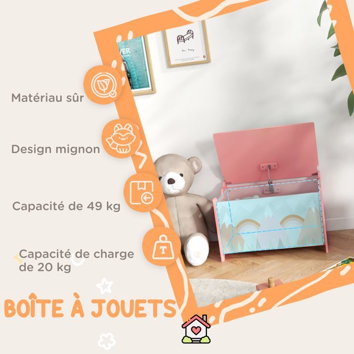 Coffre à jouet enfant - coffre de rangement enfant - ZONEKIZ - couvercle rabattable, motif de forêt - 60 x 37 x 39 cm - vert