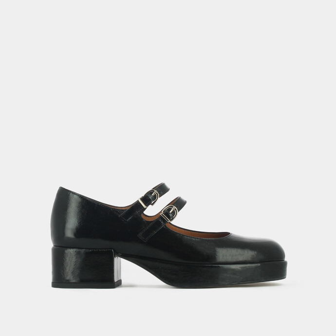 Babies à talons et brides  en cuir brillant noir