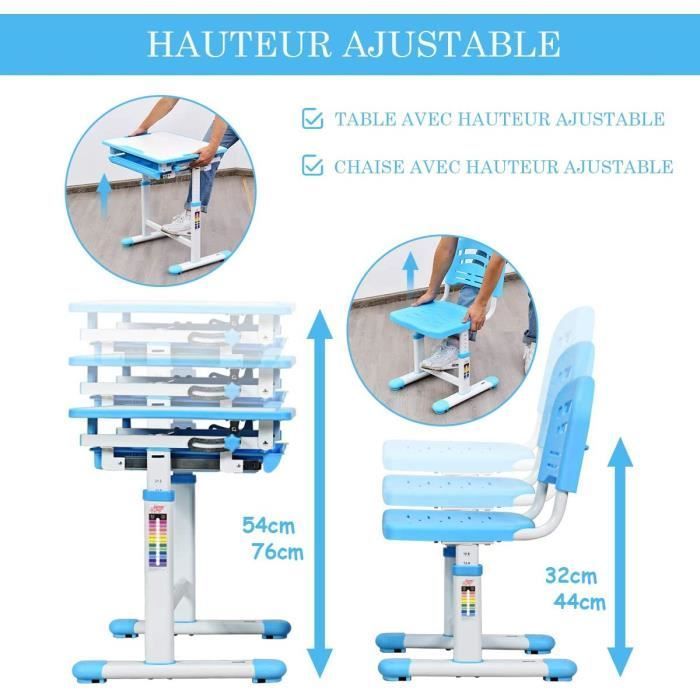 COSTWAY Ergonomic Children's Desk Set with Adjustable Height and Angle (0-40°), Table and Chairs, Drawing Table with 1 Drawer, Blue