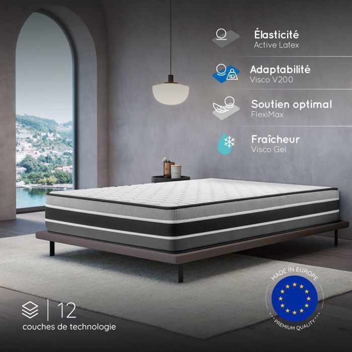 Colchón FELIS 140x200 cm - 30 cm de grosor - Firme - 7 zonas de confort en espuma viscoelástica adaptativa - HR 35 kg - Látex - Lado verano/invierno