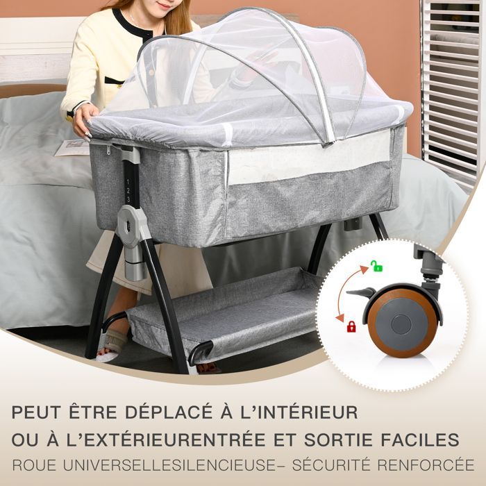 Babybedje met matras en klamboe, aankleedtafel, schommel- en ligstand, 6 verstelbare hoogtes, voor 0-18 maanden - Grijs