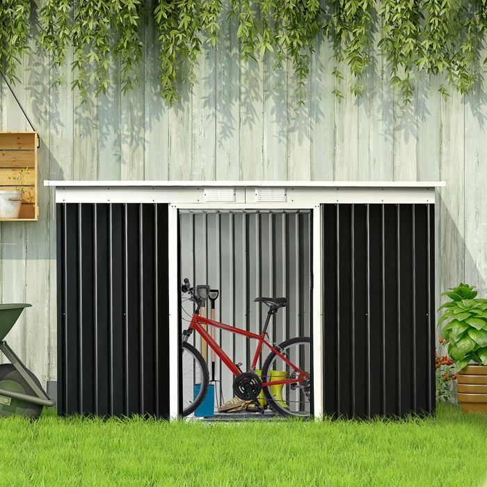 Caseta de jardín Outsunny XXL de acero galvanizado de 3,6 m² con base y puertas correderas - acero - 280x130x172cm - negro