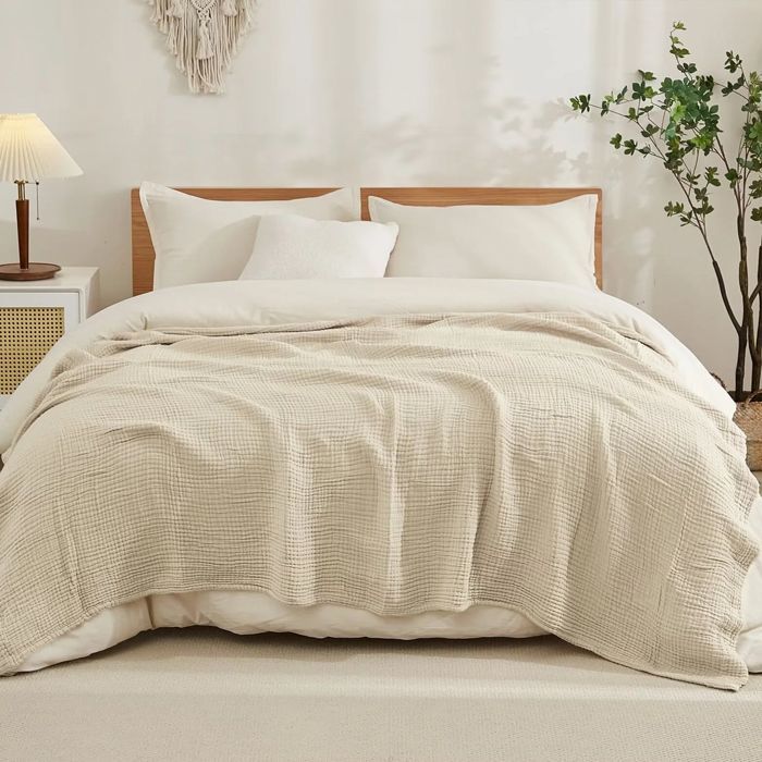 Manta de algodón tamaño Queen, muselina ligera, 6 capas, suave, transpirable, para todas las estaciones, 203 x 228 cm, beige claro, cama grande, Label