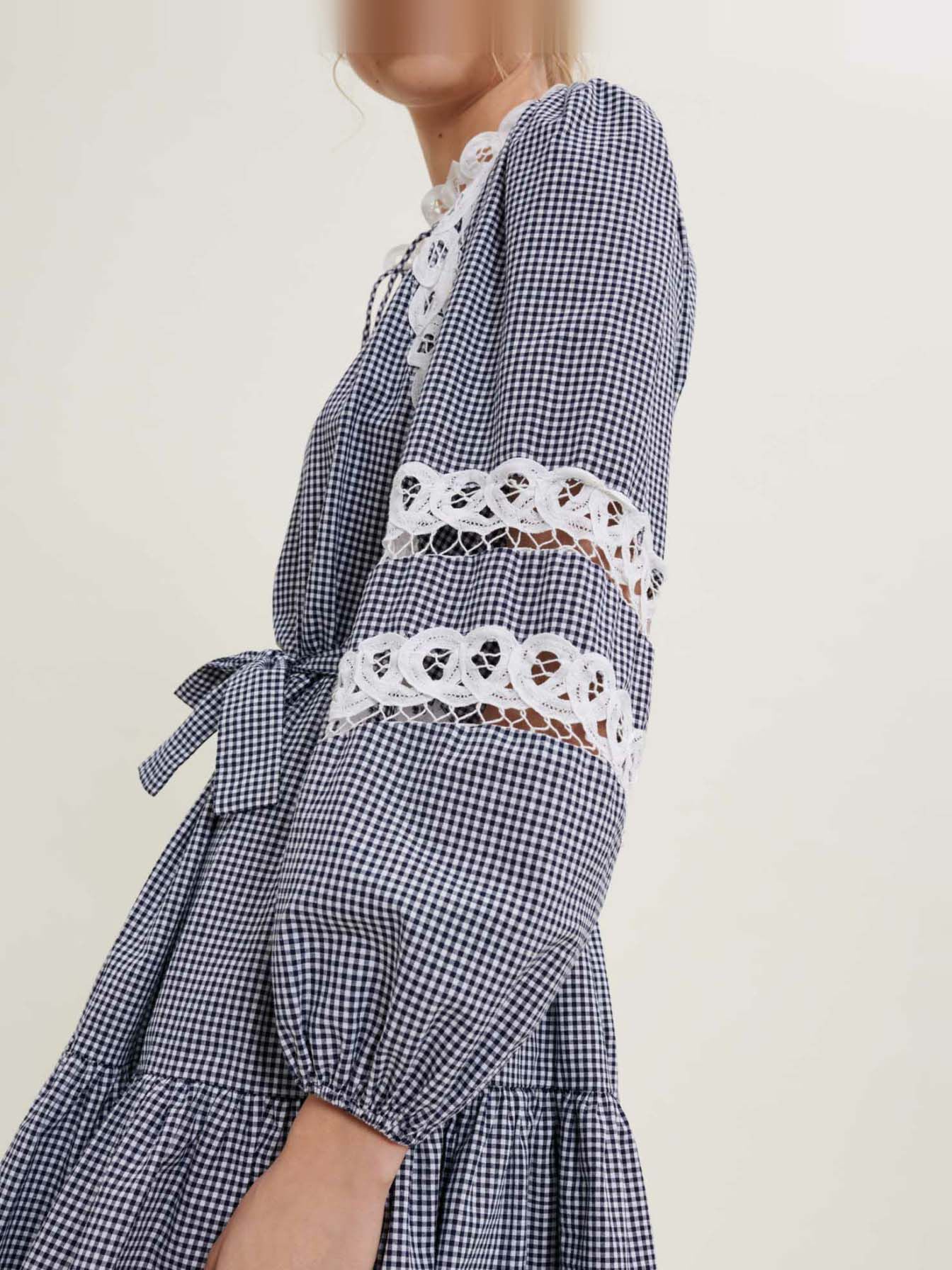 Rochie în carouri Vichy și dantelă - Bleumarin / Ecru