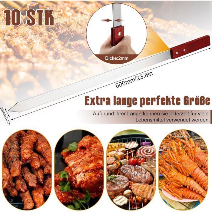 Adana Kebab Lot de 10 brochettes plates en acier inoxydable avec poignées en bois 60 cm s accessoires de barbecue pour BROCHE