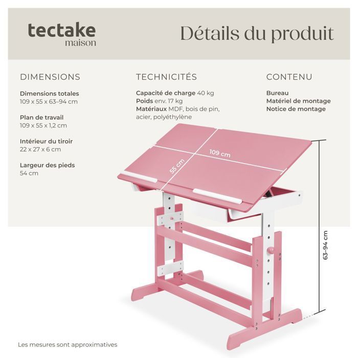 ESCRITORIO INFANTIL - TECTAKE - Escritorio infantil regulable en altura e inclinación de 109 cm x 55 cm x 94 cm + cajón de almacenamiento - Rosa brillante