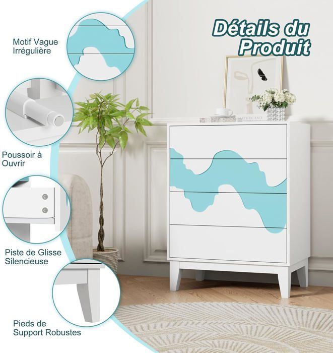 Cômoda GOOBUY com 4 gavetas, 60 cm, armário de armazenamento, amplo espaço de armazenamento, padrão de ondas irregulares, 60 x 35 x 82 cm, branca