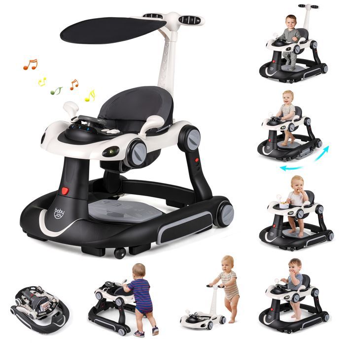Andador convertible para bebé COSTWAY 7 en 1 - Altura y velocidad ajustables - Luces y música - Asiento extraíble y antivuelco - Blanco y negro