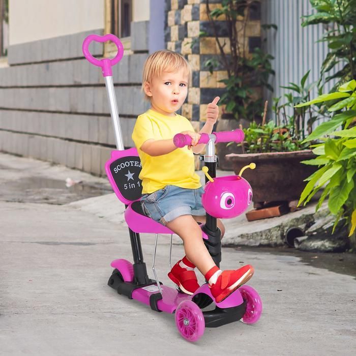 Patinete infantil - HOMCOM - Patinete convertible 5 en 1 con 3 ruedas, manillar ajustable, asa de empuje y asiento extraíble - PP - Rosa