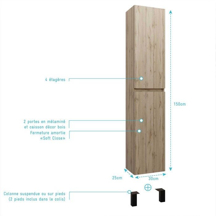 Bathroom column cabinet with 2 doors, natural oak finish - 30x25x150 - TIMBER