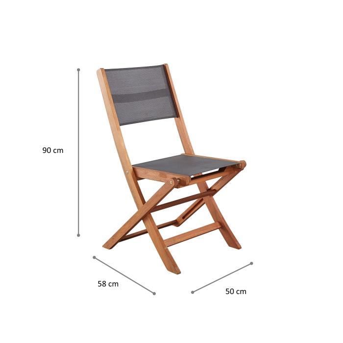 Lot de 2 chaises de jardin pliantes en bois d'acacia FSC - EDEN - Assise textilène - Gris - 58 x 58 x H90 cm