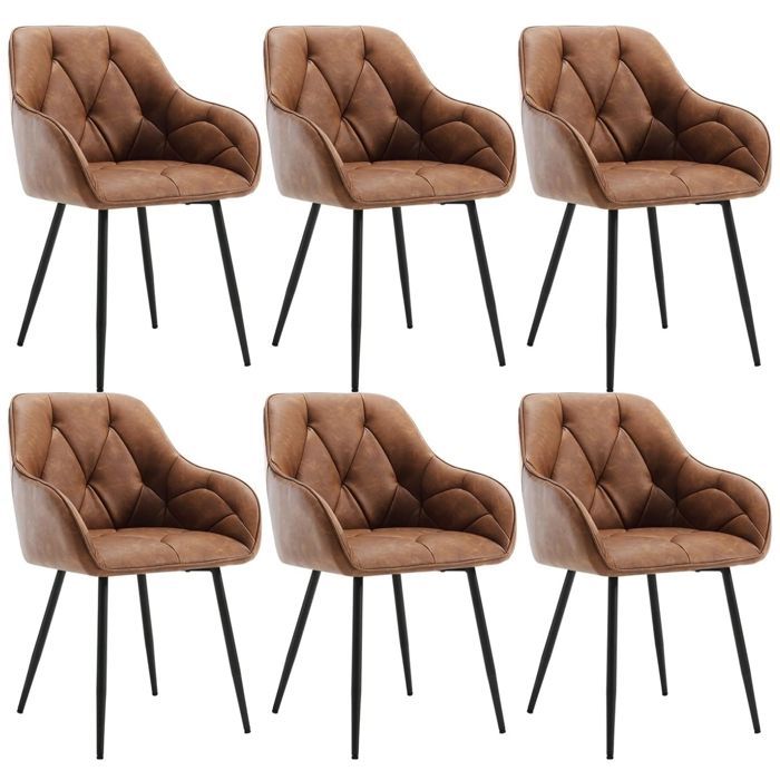 WOLTU Set of 6 Dining Chairs, Upholstered Kitchen Chairs in Vintage Faux Leather, Metal Legs, Brown W0ATT0144-6