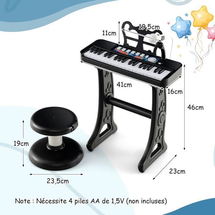 Piano electrónico COSTWAY para niños de 3 años, 37 teclas, con taburete, micrófono ajustable y atril extraíble, color negro.