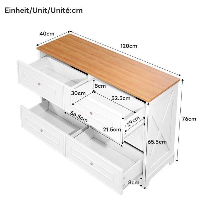 ELVMI Buffet et Enfilade 6 Tiroirs, Grand Plateau - ELVMI - Campagne pour Salon Entrée MDF Blanc et Naturel 120×40×76 cm