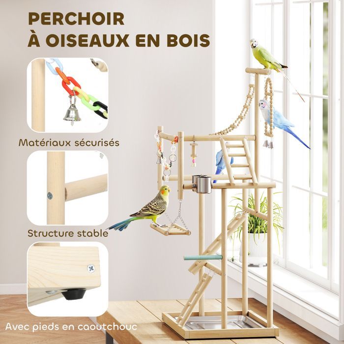 Aire de jeux pour oiseaux - PawHut - avec échelles, jouet à chaîne, plateau, mangeoire, balançoire - 48 x 38 x 95 cm - bois naturel