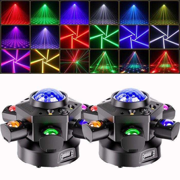JAJALUYA 2PCS 180W Lyre LED RGBW, Jeux de Lumiere DJ Rotation 7RGBW LED+Laser Gypsophile Rouge & Vert+4 Stroboscopes Lumière