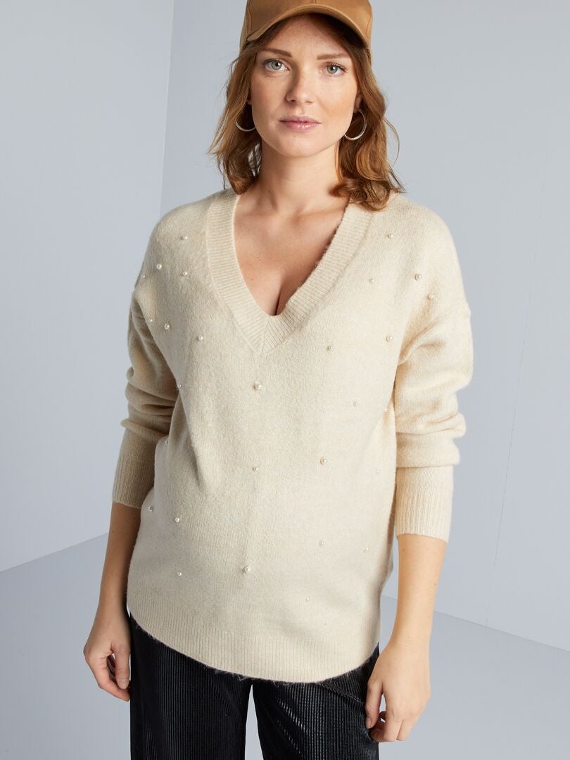 Zwangerschapstrui van tricot met parels - BEIGE