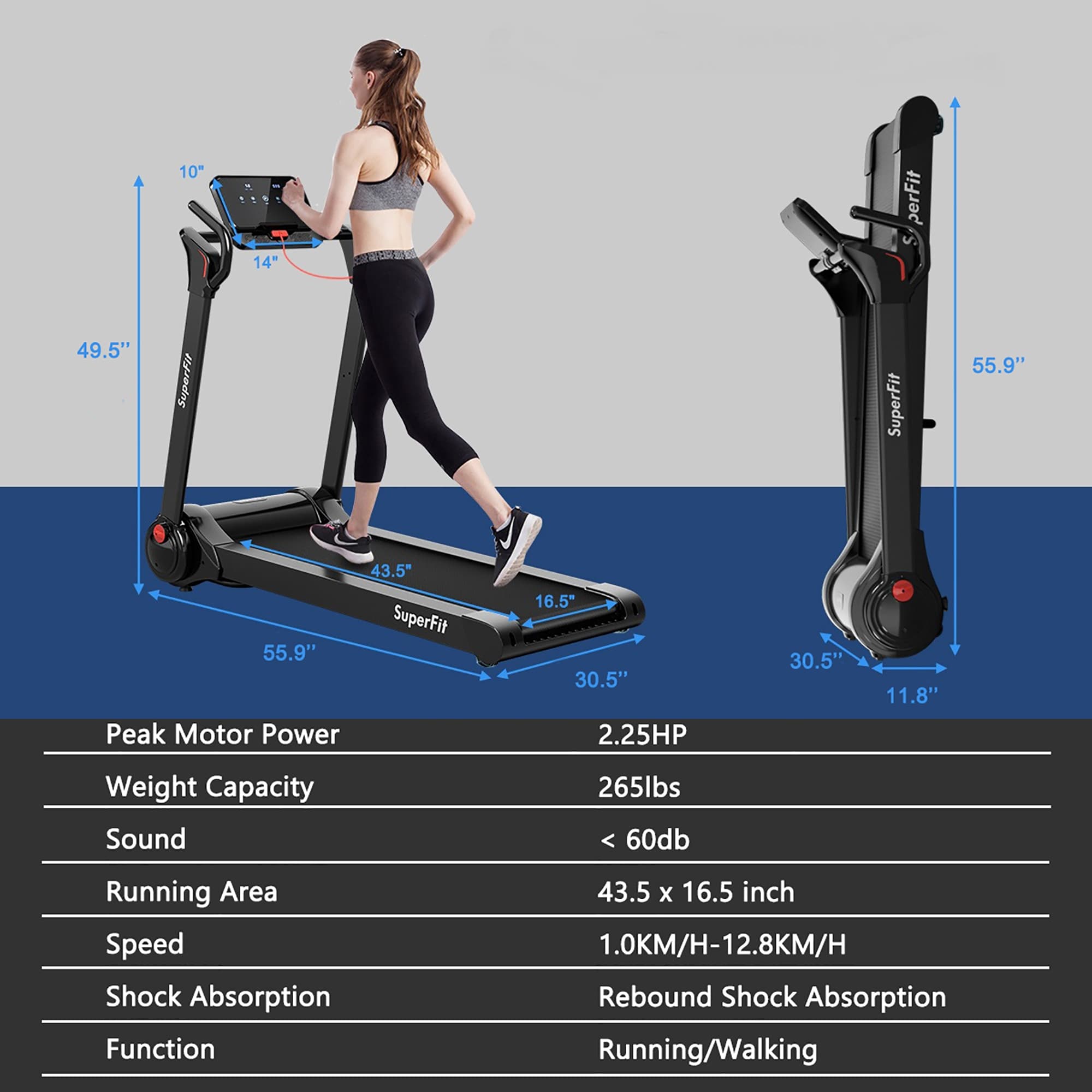 Tapis roulant électrique pliable SuperFit 2,25 CV avec haut-parleur - 55,9 x 30,5 x 49,5